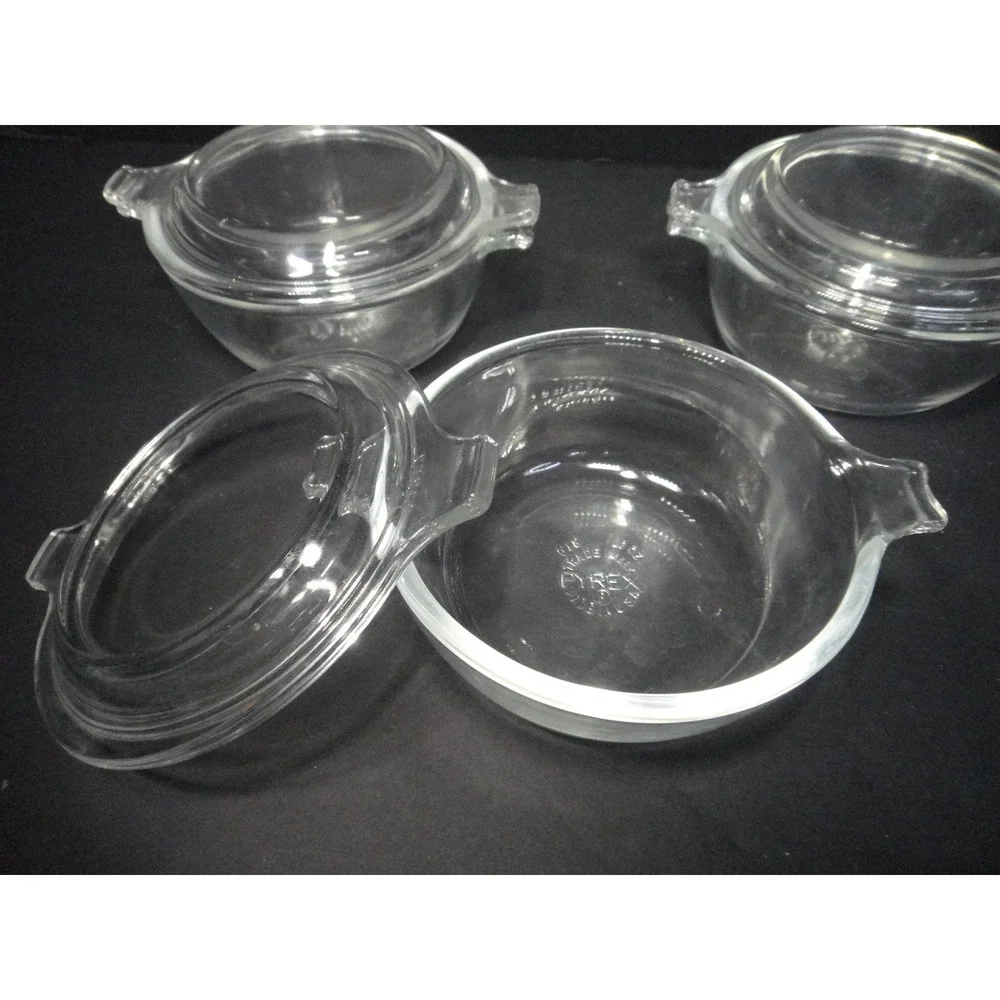 Vintage Pyrex #018 Originals Clear Glass 10 oz Casserole Dishes w/ Lids Set of 3